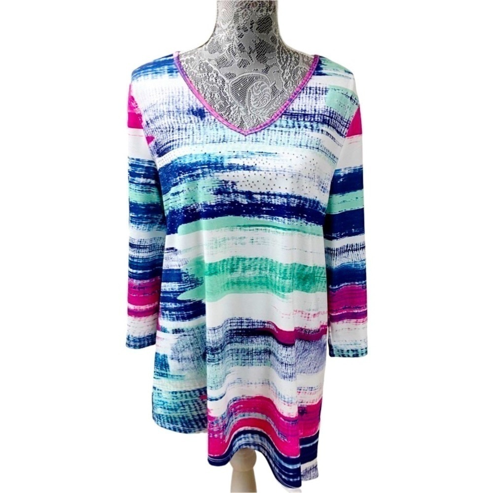 CHRISTOPHER & BANKS Asymmetrical Sequin Top SZ Large Pleated Sleeves Stretch NEW